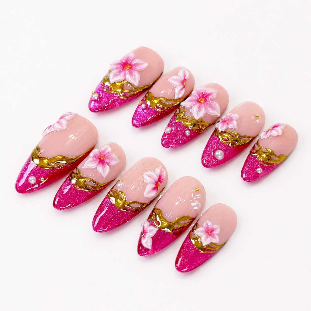 Pink french tips 3D flower gold chrome press on nails PO191