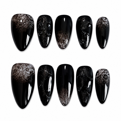 Black ombre lace flower press on nails PO139 - RTS