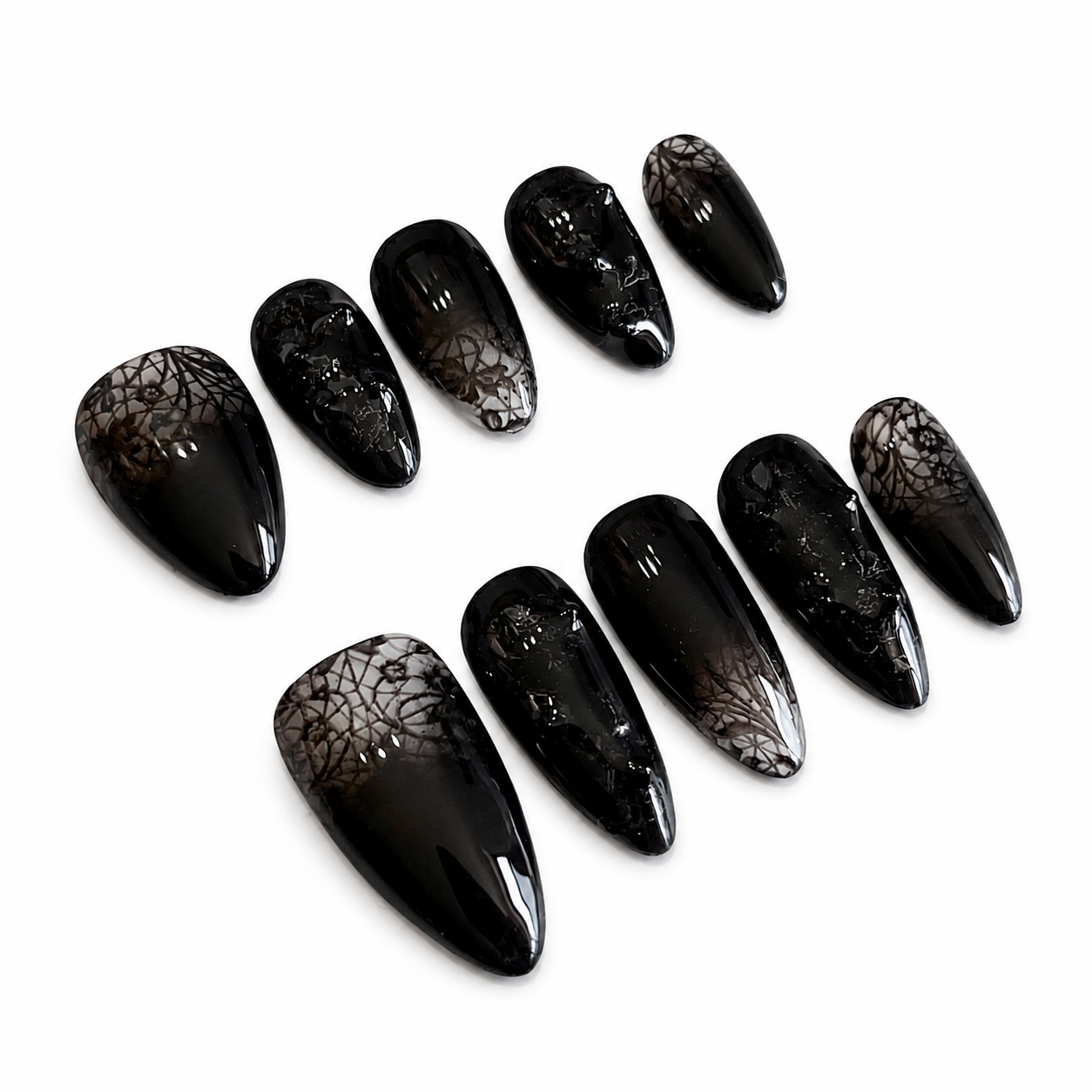 Black ombre lace flower press on nails PO139 - RTS