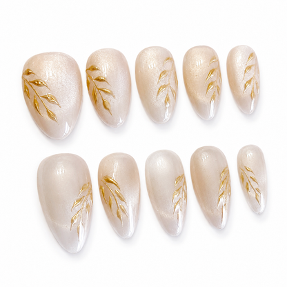 Cat eye gold chrome flower press on nails - RTS