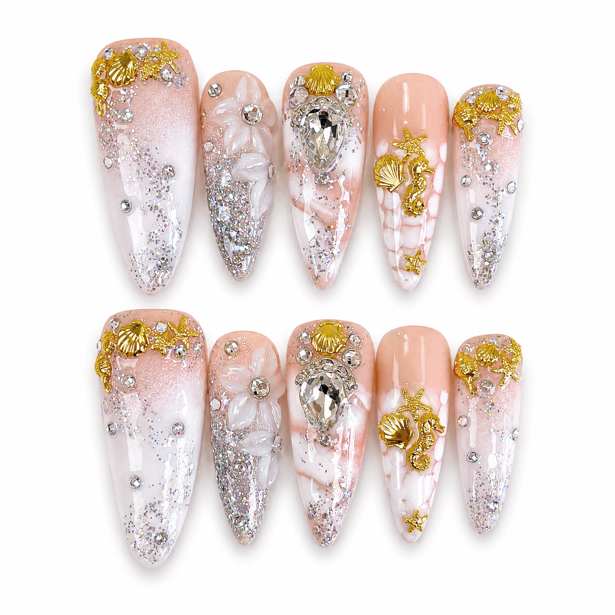 White Blooming Ombre Glitter Bling Long Stiletto Press on Nails