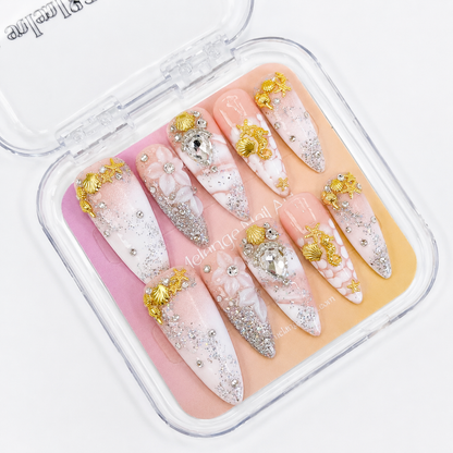 White Blooming Ombre Glitter Bling Long Stiletto Press on Nails