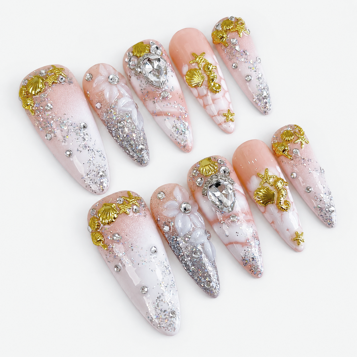 White Blooming Ombre Glitter Bling Long Stiletto Press on Nails