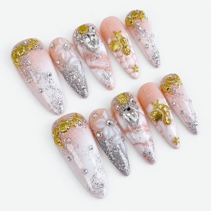 White Blooming Ombre Glitter Bling Long Stiletto Press on Nails