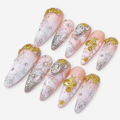 White Blooming Ombre Glitter Bling Long Stiletto Press on Nails