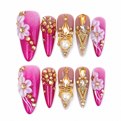 Hot Pink Cateye Gold Rhinestone 3D Flower Long Stiletto Press on Nails