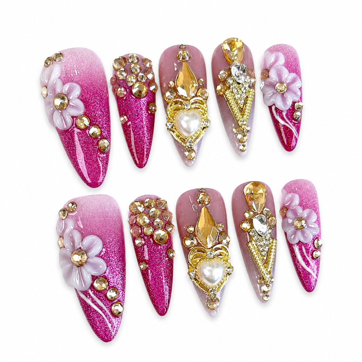 Hot Pink Cateye Gold Rhinestone 3D Flower Long Stiletto Press on Nails