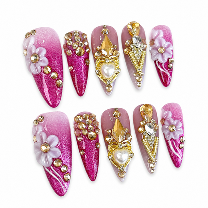 Hot Pink Cateye Gold Rhinestone 3D Flower Long Stiletto Press on Nails