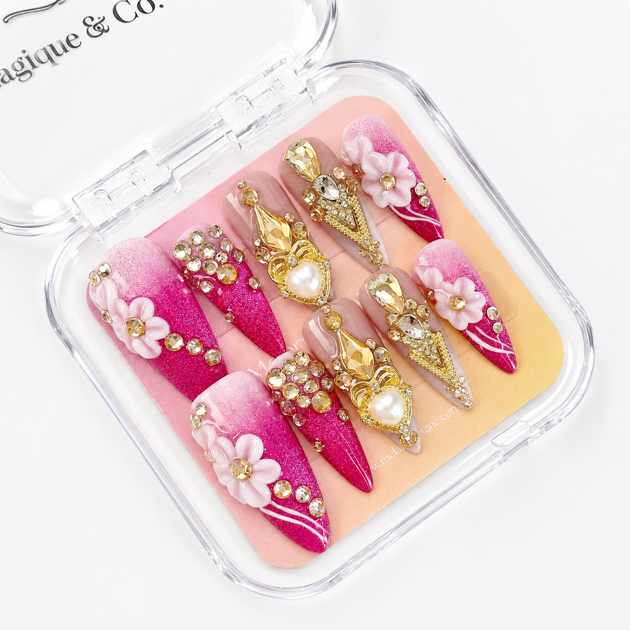 Hot Pink Cateye Gold Rhinestone 3D Flower Long Stiletto Press on Nails