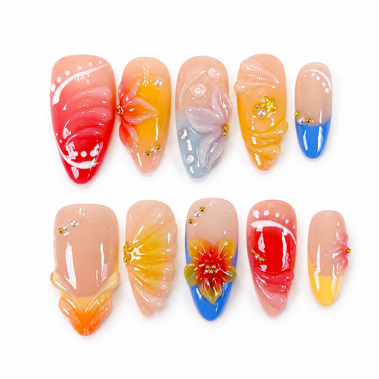 Tropical 3D Flower Sunset Ocean Ombre Press On Nails PO188