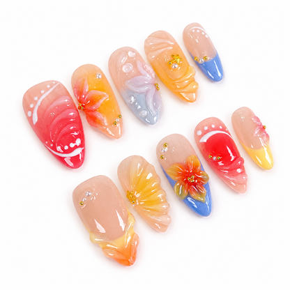 Tropical 3D Flower Sunset Ocean Ombre Press On Nails PO188