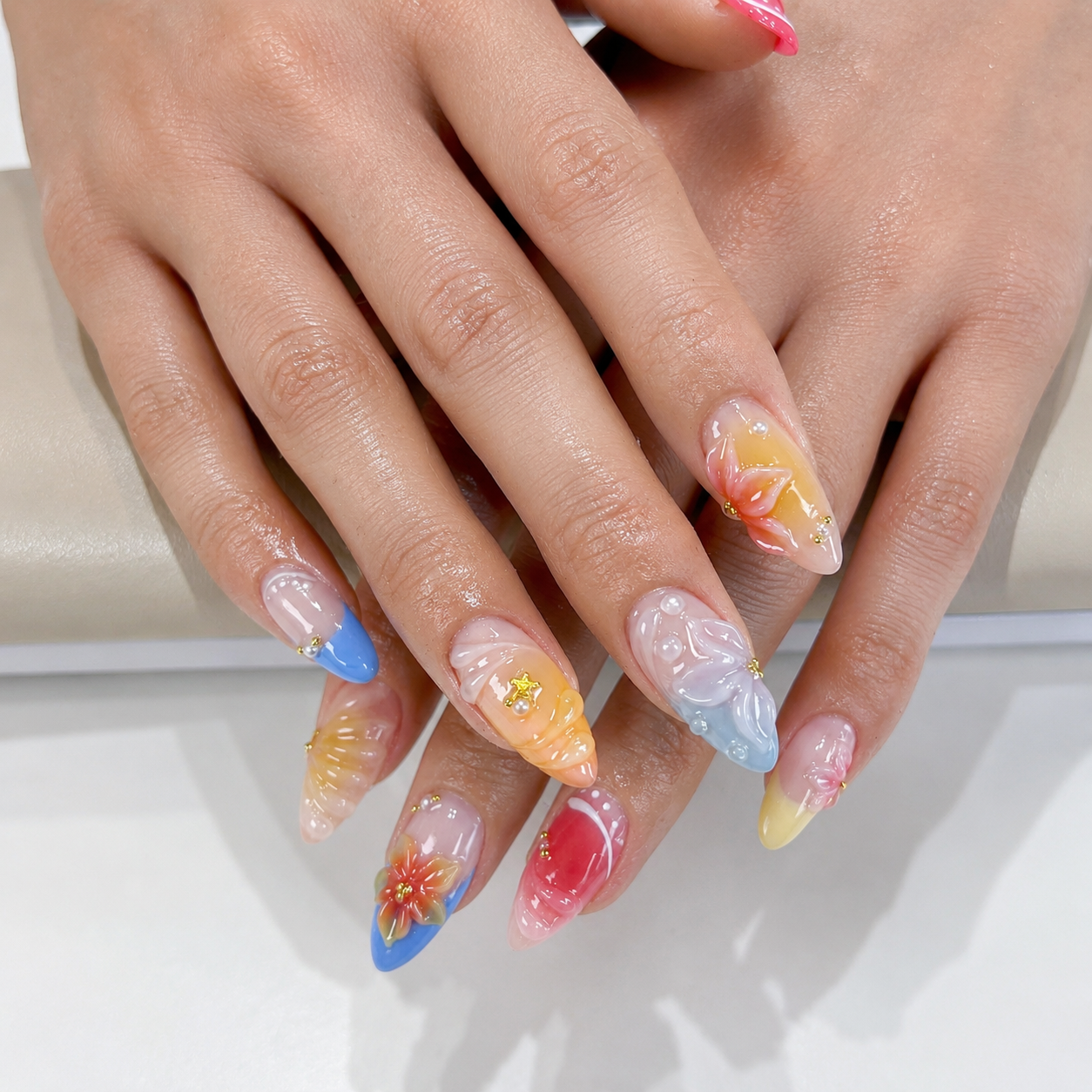 Tropical 3D Flower Sunset Ocean Ombre Press On Nails PO188