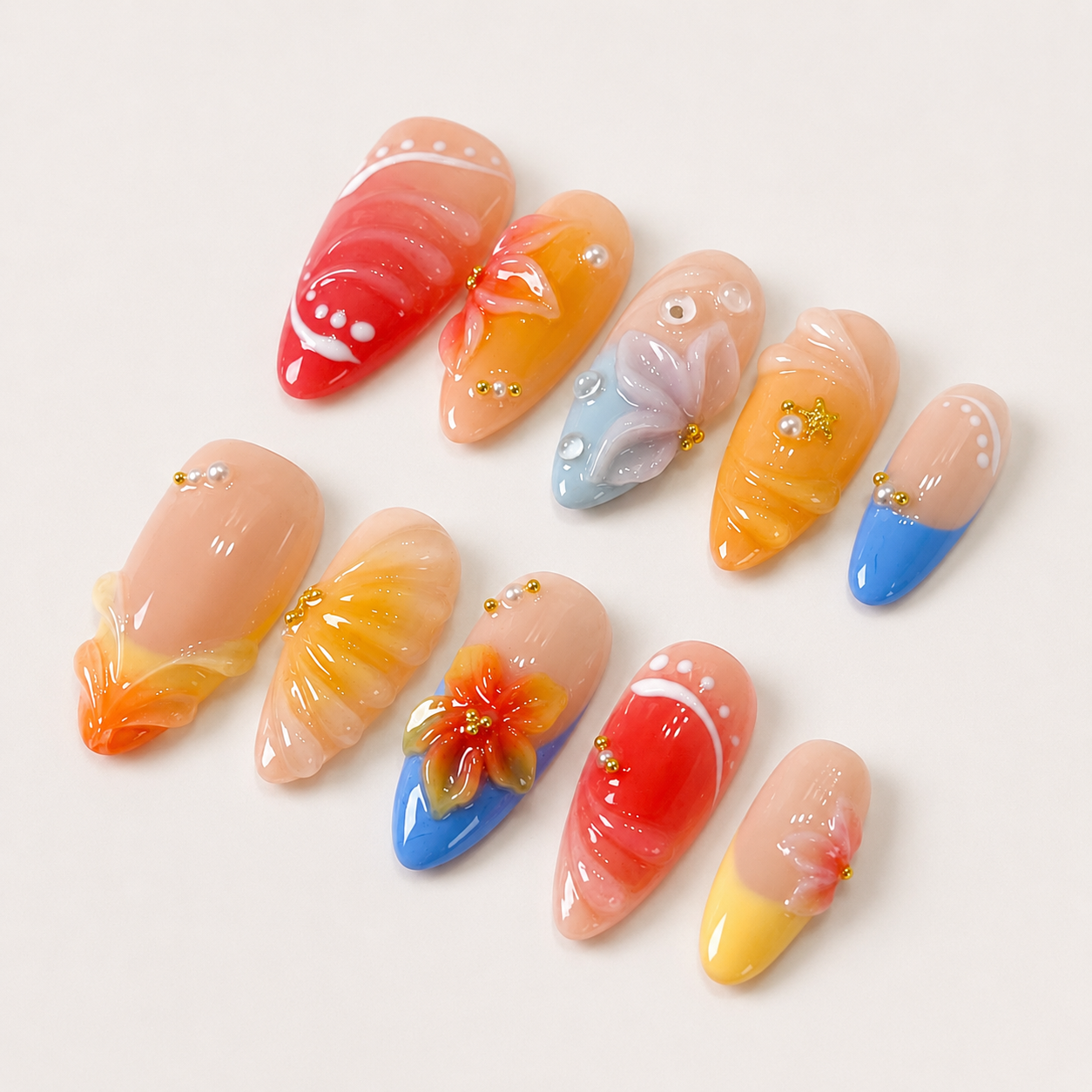 Tropical 3D Flower Sunset Ocean Ombre Press On Nails PO188