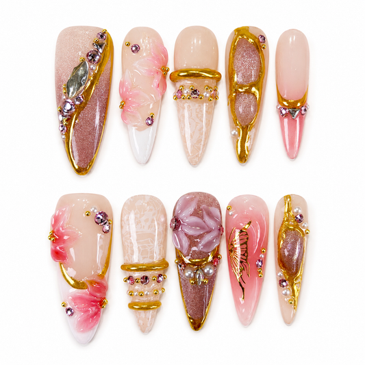 Pink Gold Chrome Bangle & Flower Butterfly Bling Press On Nails PO179