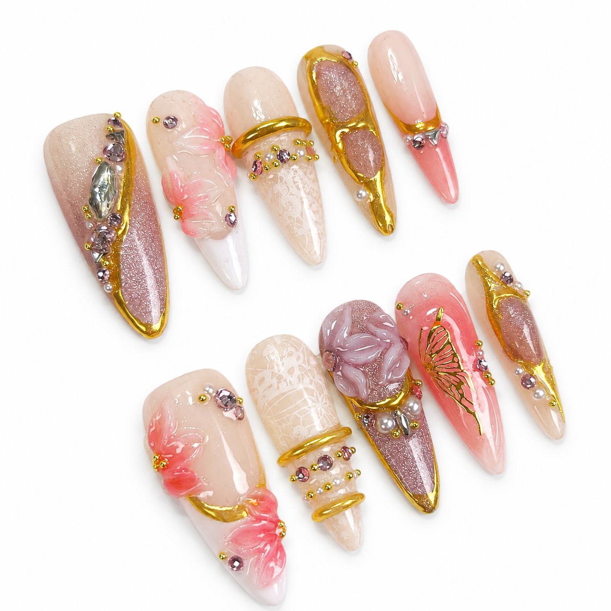 Pink Gold Chrome Bangle & Flower Butterfly Bling Press On Nails PO179