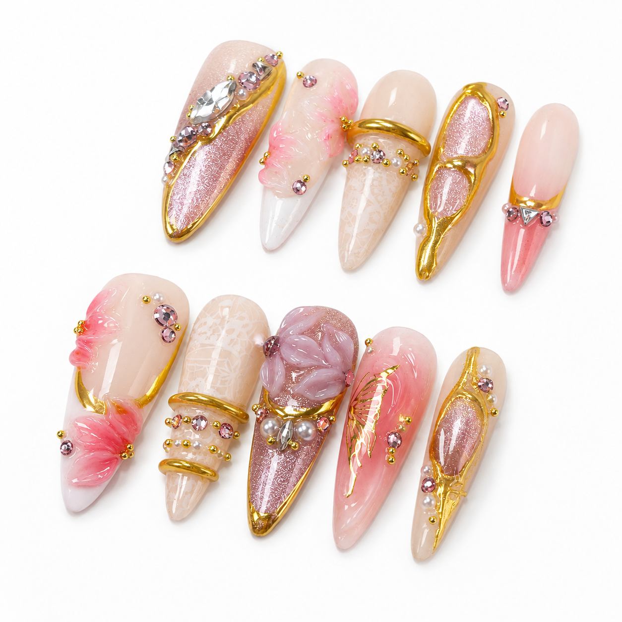 Pink Gold Chrome Bangle & Flower Butterfly Bling Press On Nails PO179