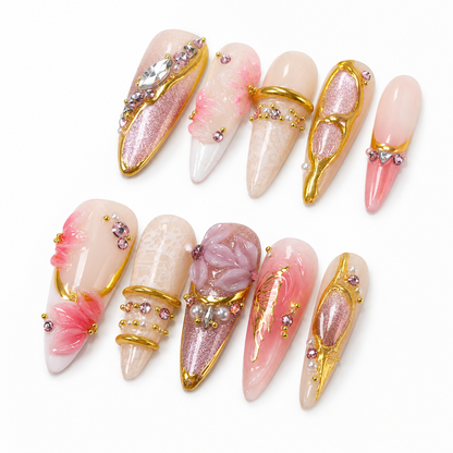 Pink Gold Chrome Bangle & Flower Butterfly Bling Press On Nails PO179