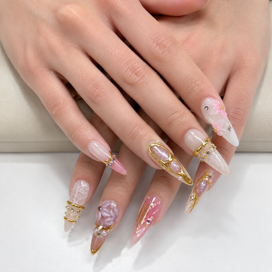 Pink Gold Chrome Bangle & Flower Butterfly Bling Press On Nails PO179