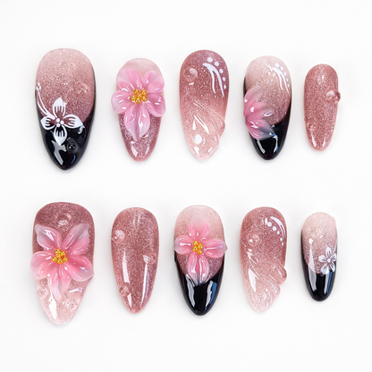 Pink cat eye 3d flower with black french tips press on nails