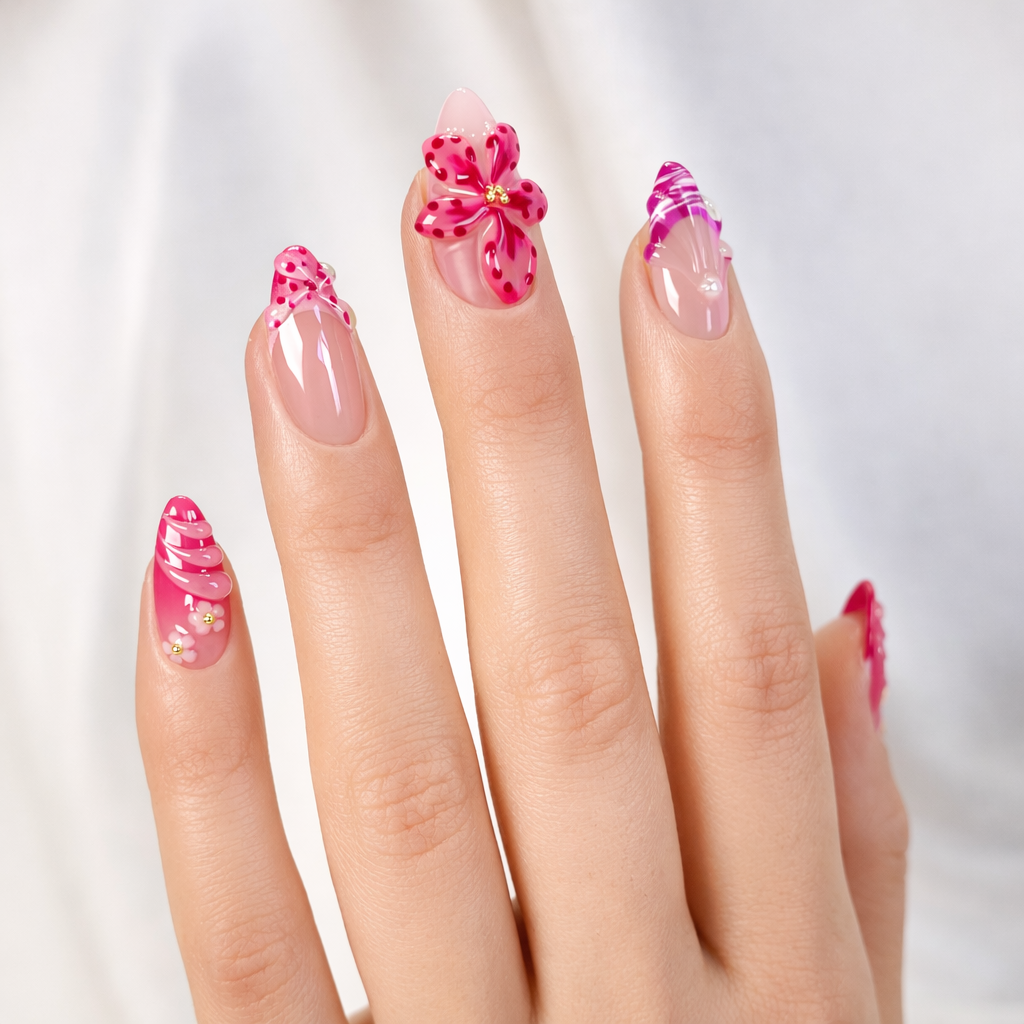Fuchsia ombre pink 3D orchid flower almond press on nails