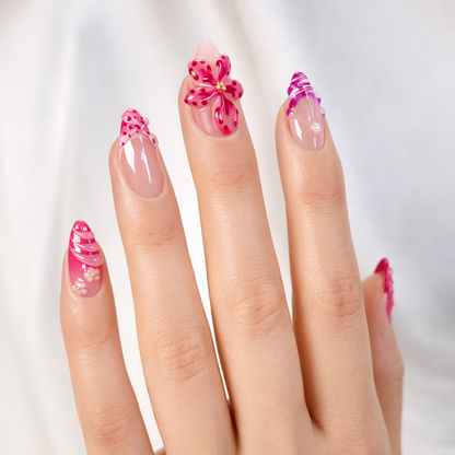 Fuchsia ombre pink 3D orchid flower almond press on nails