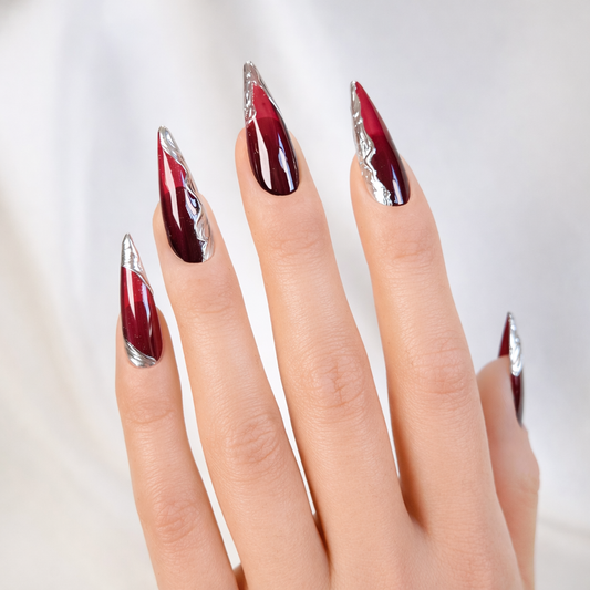 Red Gothic & Silver Chrome Stiletto Press On Nails