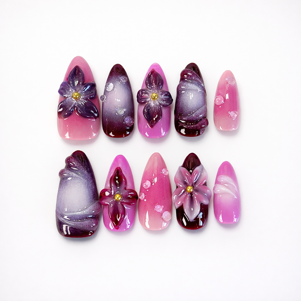 Purple 3D Flower & Pink Ombre Press On Nails