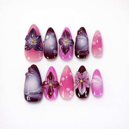 Purple 3D Flower & Pink Ombre Press On Nails