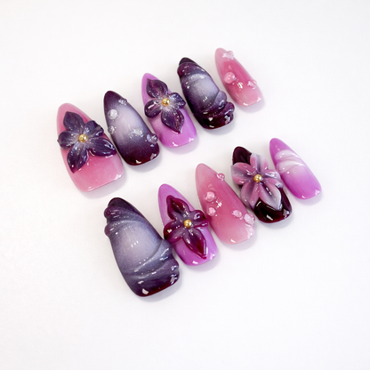 Purple 3D Flower & Pink Ombre Press On Nails