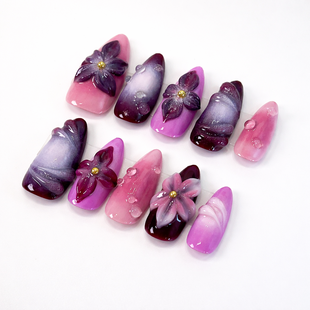 Purple 3D Flower & Pink Ombre Press On Nails