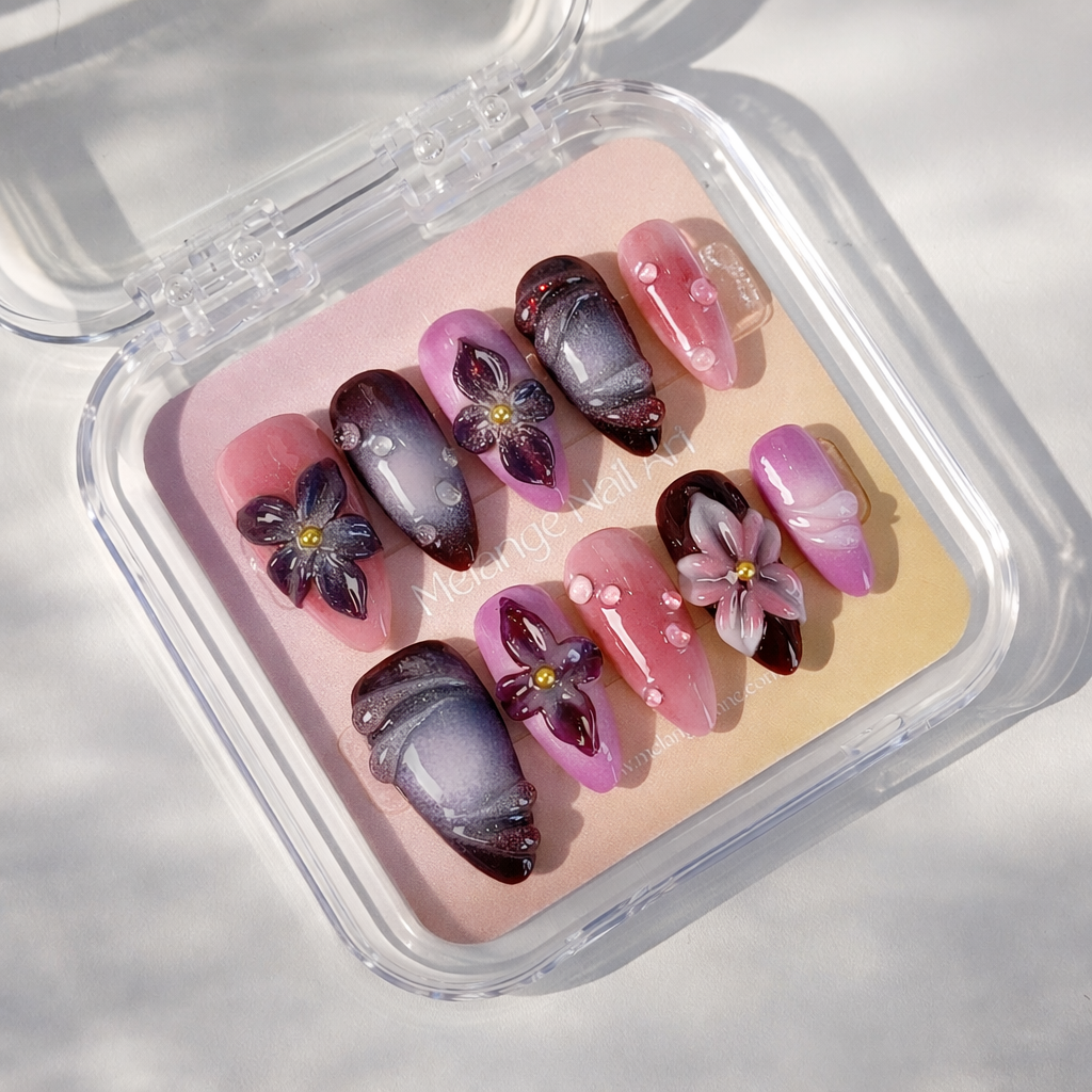 Purple 3D Flower & Pink Ombre Press On Nails