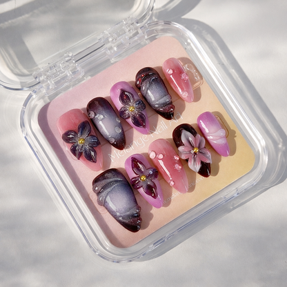 Purple 3D Flower & Pink Ombre Press On Nails