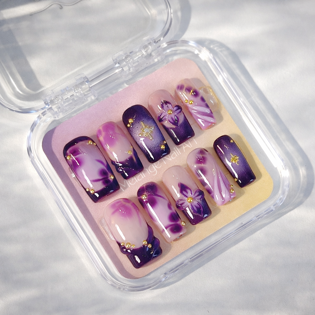 Purple 3D Flower Blooming Ombre Press On Nails