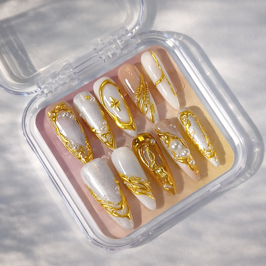 White Glazed Gold Chrome Flower Bridal Press On Nails