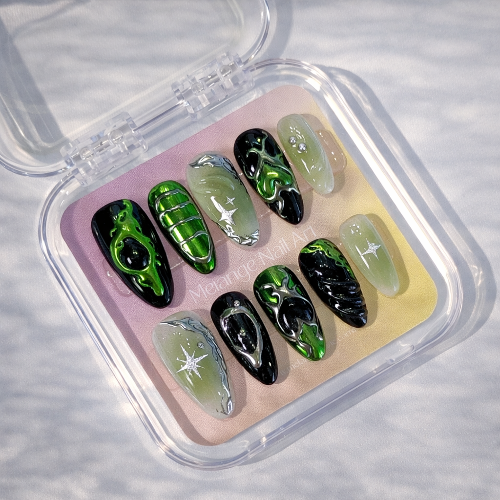 Green Chrome Heart Y2K Press On Nails