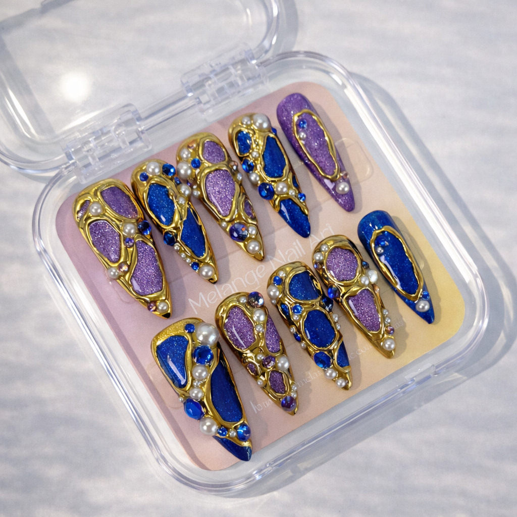 Luxury Purple Cat Eye Gold Chrome Press On Nails