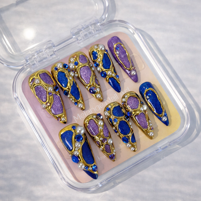 Luxury Purple Cat Eye Gold Chrome Press On Nails