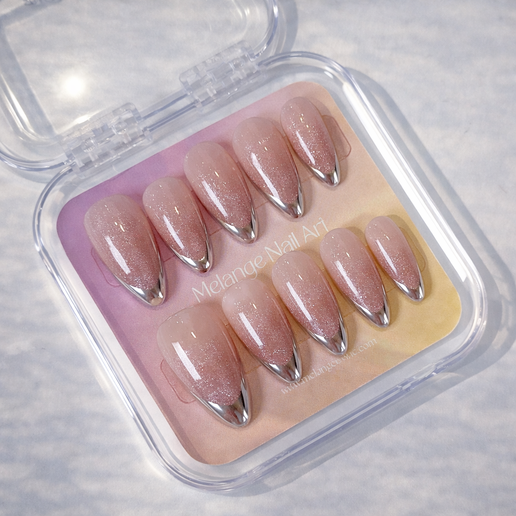 Pink Cat Eye Silver Chrome French Tips Press On Nails