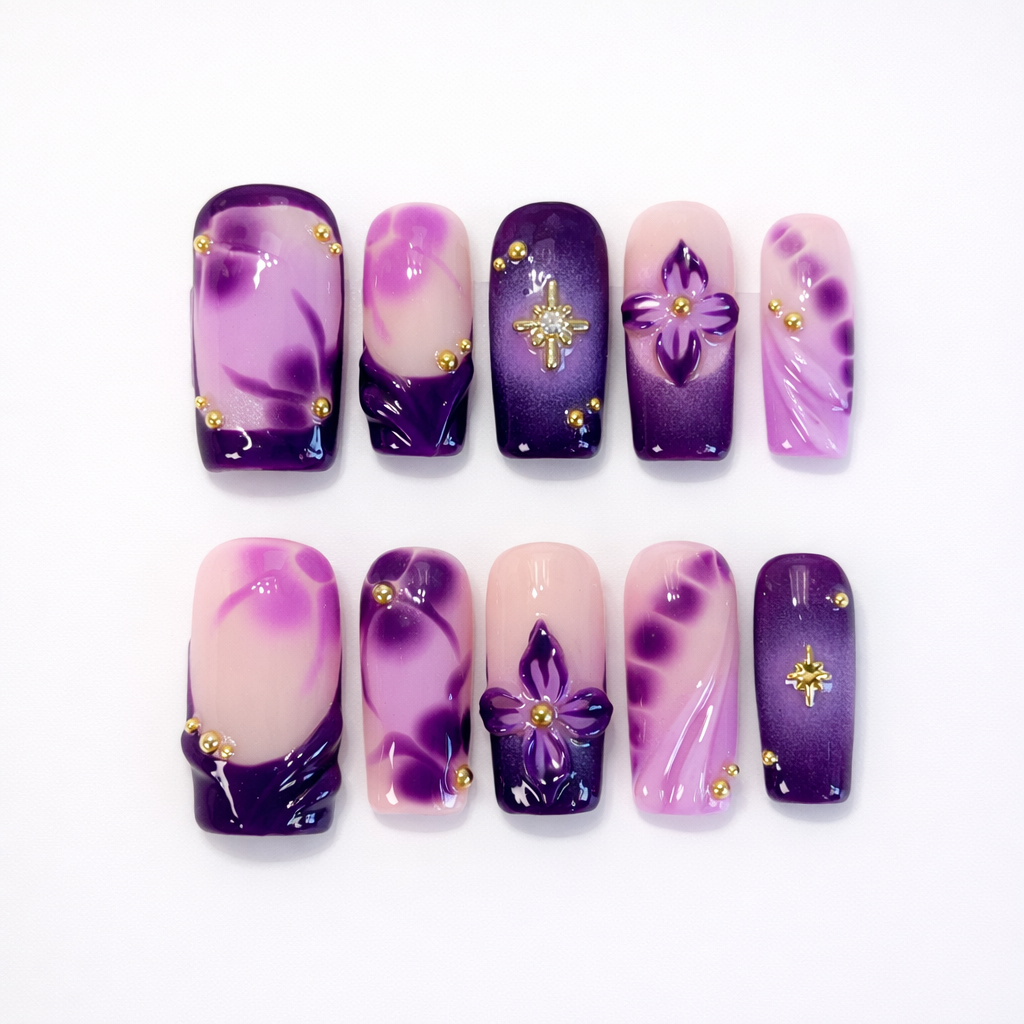 Purple 3D Flower Blooming Ombre Press On Nails
