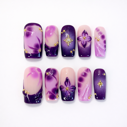 Purple 3D Flower Blooming Ombre Press On Nails