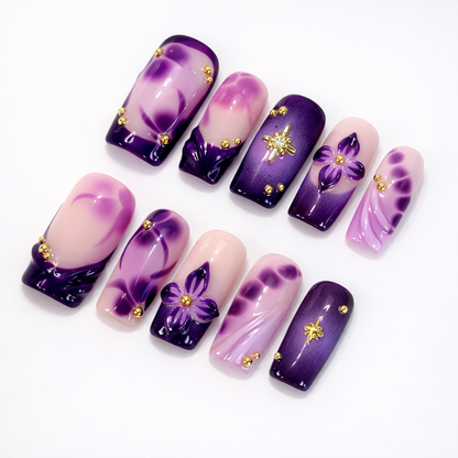 Purple 3D Flower Blooming Ombre Press On Nails