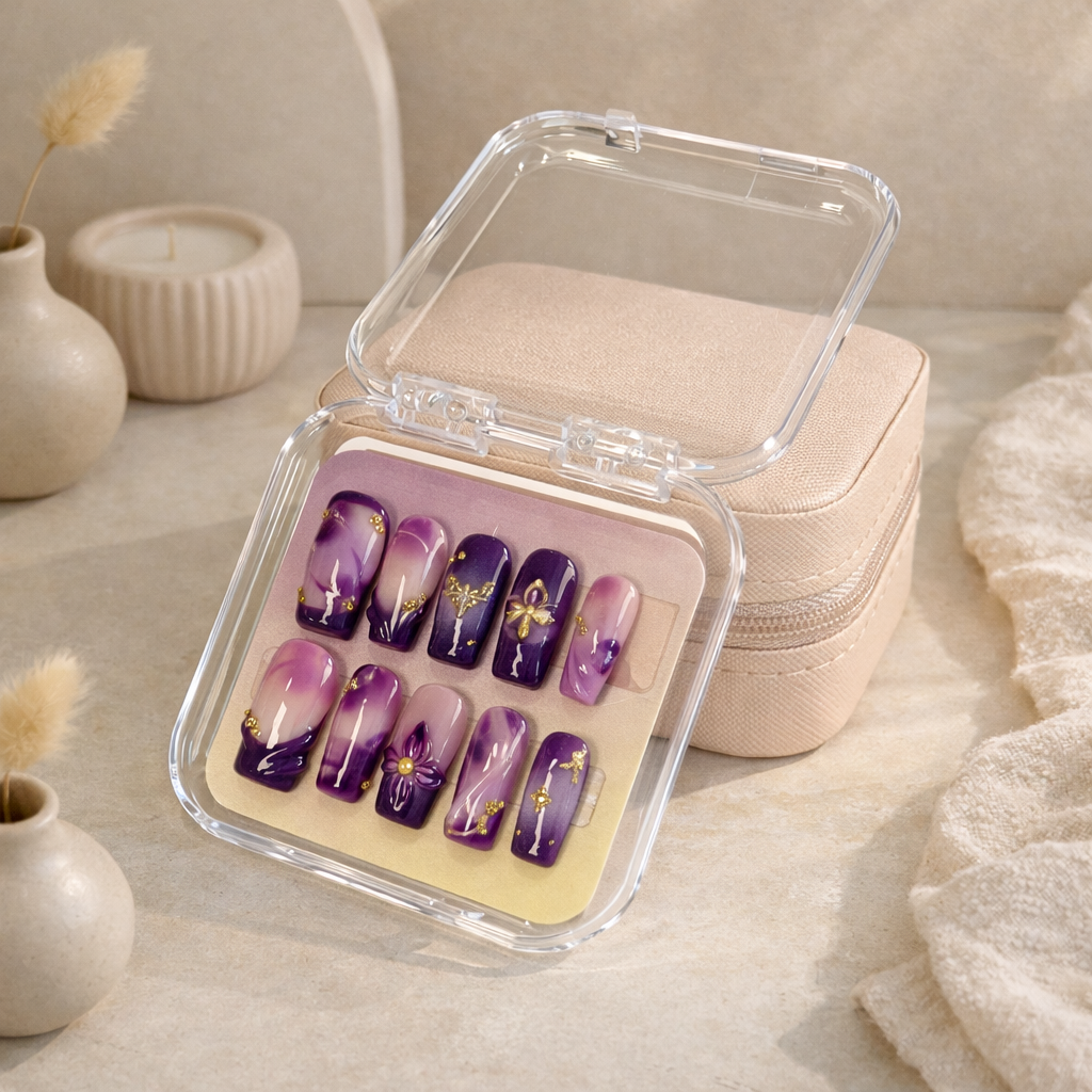 Purple 3D Flower Blooming Ombre Press On Nails