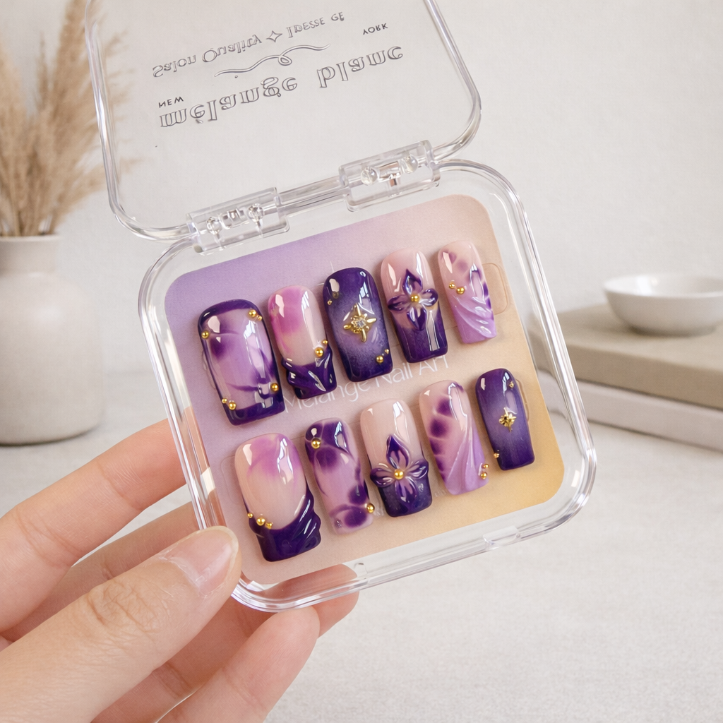 Purple 3D Flower Blooming Ombre Press On Nails