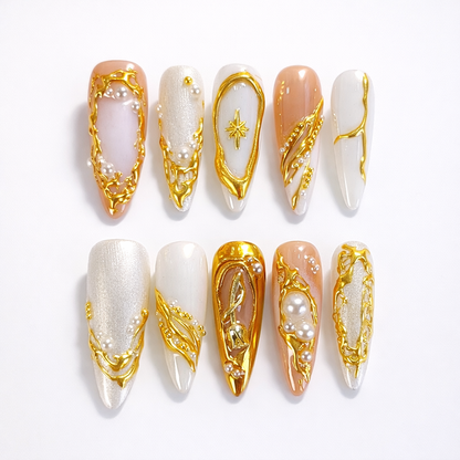White Glazed Gold Chrome Flower Bridal Press On Nails