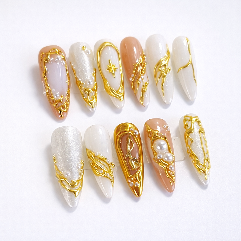 White Glazed Gold Chrome Flower Bridal Press On Nails