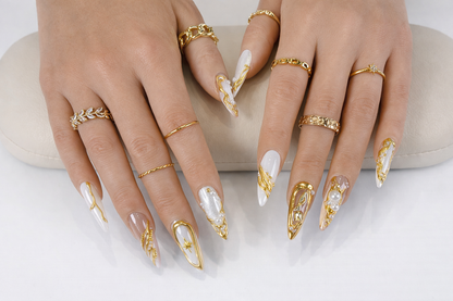 White Glazed Gold Chrome Flower Bridal Press On Nails
