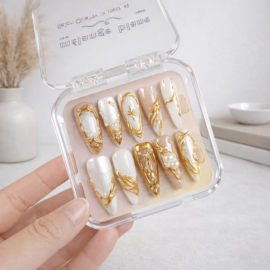 White Glazed Gold Chrome Flower Bridal Press On Nails