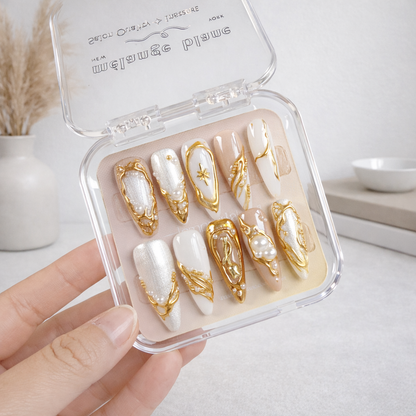 White Glazed Gold Chrome Flower Bridal Press On Nails