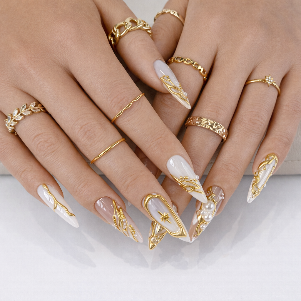 White Glazed Gold Chrome Flower Bridal Press On Nails
