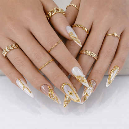 White Glazed Gold Chrome Flower Bridal Press On Nails